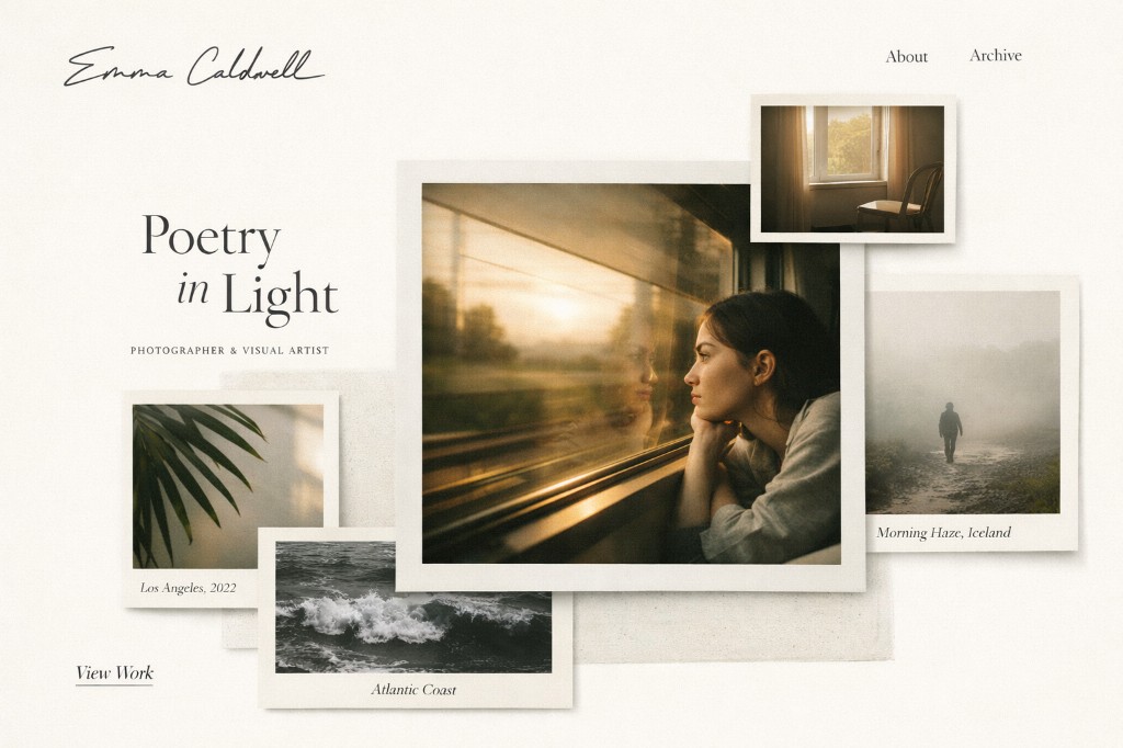 Photography portfolio hero with polaroid-style frames