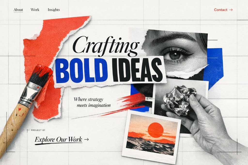Creative agency hero collage with bold typography
