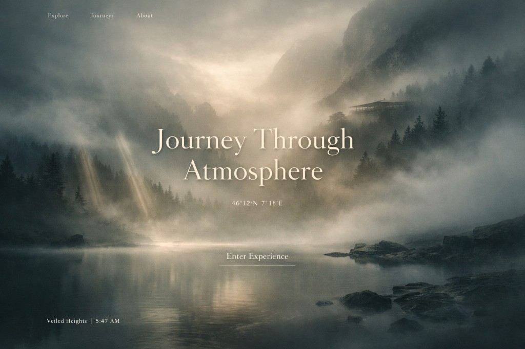 Atmospheric travel hero with misty mountains and lake