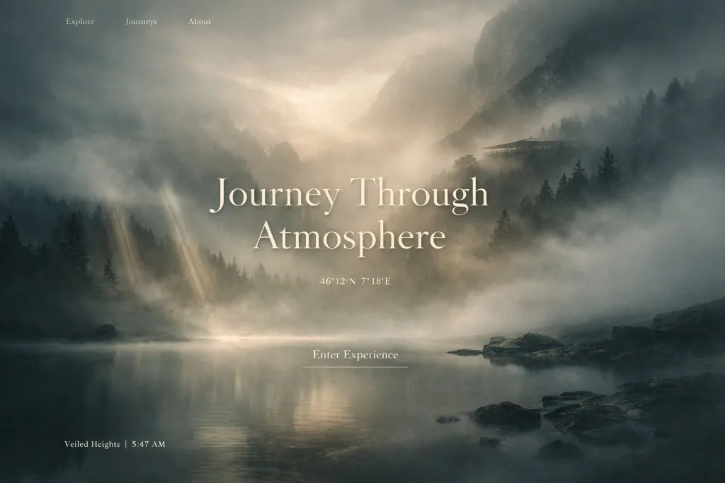 Atmospheric travel hero with misty mountains and lake