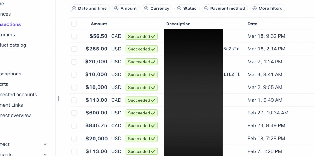 Transaction dashboard showing multiple succeeded payments